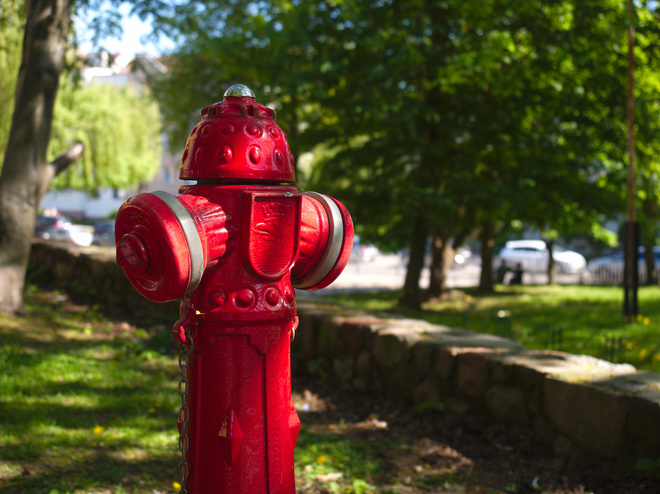 czerwony hydrant z herbem miasta